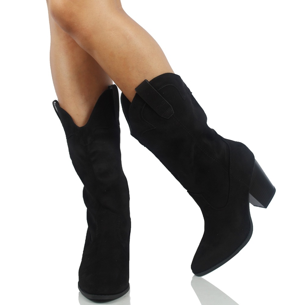 Black Faux Suede Cowboy Mid Calf Block Heel Boot